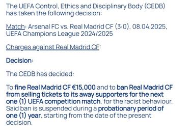 Multa al Real Madrid por “comportamiento racista” de sus aficionados