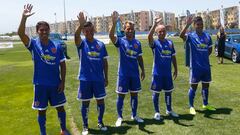 Santiago,11 de enero 2017. 
Los jugadores Franz Schultz, Danilo Catalan, Gaston Fernandez y Gustavo Lorenzetti del Club Universidad de Chile presentan la camiseta con los nuevos sponsors para la temporada 2017.
Karin Pozo/Photosport