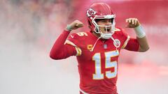 KANSAS CITY, MO - JANUARY 21: Patrick Mahomes #15 of the Kansas City Chiefs celebrates as he is introduced before kickoff against the Jacksonville Jaguars at GEHA Field at Arrowhead Stadium on January 21, 2023 in Kansas City, Missouri. (Photo by Cooper Neill/Getty Images)