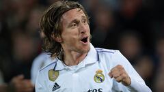 Luka Modric celebrates the goal he scored against Liverpool at Anfield in the first leg of the Champions League.