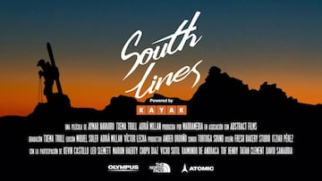 Cartel South Lines Powered by KAYAK, pel&iacute;cula de Aymar Navarro. Freeski Freeride. Patrocinada tambi&eacute;n por Olympus, The North Face y Atomic. Producida por Marramedia. Dirigida por el propio Aymar, Txema Trull y Adri&agrave; Millan, en asociac