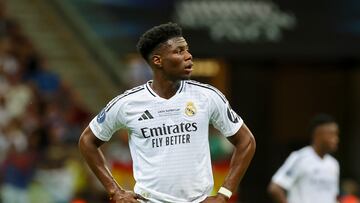 WARSAW, POLAND - AUGUST 14: Aurelien Tchouameni of Real Madrid looks dejected during the UEFA Super Cup 2024 match between Real Madrid and Atalanta BC at National Stadium on August 14, 2024 in Warsaw, Poland. (Photo by Marco Steinbrenner/DeFodi Images/DeFodi via Getty Images)