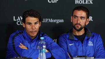 PRAGUE, CZECH REPUBLIC - SEPTEMBER 21:  Rafael Nadal and Marin Cilic of Team Europe attend a press conference during previews ahead of the Laver Cup on September 21, 2017 in Prague, Czech Republic.  The Laver Cup consists of six European players competing against their counterparts from the rest of the World. Europe will be captained by Bjorn Borg and John McEnroe will captain the Rest of the World team. The event runs from 22-24 September.  (Photo by Julian Finney/Getty Images for Laver Cup)