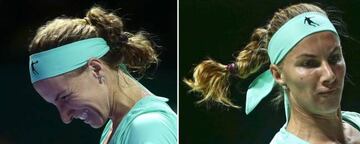 Kuznetsova, antes (derecha) y después de autocortarse el pelo.