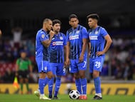 (L-R), Victor Yoshimar Yotun, Jose Rivero, Luis Romo, Guillermo Fernandez of Cruz Azul during the game Cruz Azul vs Queretaro, corresponding to ninth round of the Torneo Apertura Grita Mexico A21 of the Liga BBVA MX, at Azteca Stadium, on September 19, 2021.
<br><br>
I-D), Victor Yoshimar Yotun, Jose Rivero, Luis Romo, Guillermo Fernandez de Cruz Azul durante el partido Cruz Azul vs Queretaro, Correspondiente a la Jornada 09 del Torneo Apertura Grita Mexico A21 de la Liga BBVA MX, en el Estadio Azteca, el 19 de Septiembre de 2021.