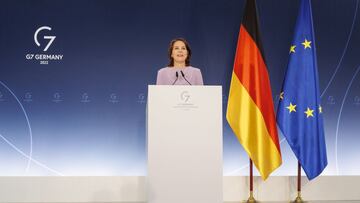 OLDENBURG IN HOLSTEIN, GERMANY - MAY 14: German Foreign Minister Annalena Baerbock speaks at a press conference after the meeting of foreign minister of the G7 member states at the Schlossgut Weissenhaus venue on May 14, 2022 near Oldenburg in Holstein, G