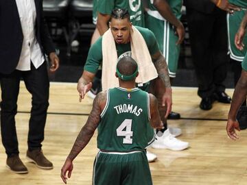 Boston Celtics forward Gerald Green and guard Isaiah Thomas celebrate during the second half in game three of the first round of the 2017 NBA Playoffs