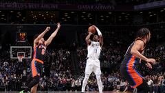 BROOKLYN, NY - JANUARY 28: Kyrie Irving #11 of the Brooklyn Nets shoots a three point basket during the game against the New York Knicks on January 28, 2023 at Barclays Center in Brooklyn, New York. NOTE TO USER: User expressly acknowledges and agrees that, by downloading and or using this Photograph, user is consenting to the terms and conditions of the Getty Images License Agreement. Mandatory Copyright Notice: Copyright 2023 NBAE (Photo by Nathaniel S. Butler/NBAE via Getty Images)