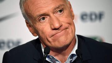 France&#039;s football team head coach Didier Deschamps addresses a press conference after taking part in the broadcast news of French TV channel TF1 in Boulogne-Billancourt, outside Paris, on May 17, 2018, to announce the 30 players named to be part of F