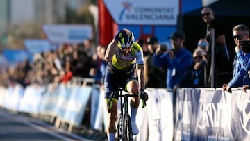 VALENCIA, SPAIN - FEBRUARY 05: Rui Costa of Portugal and Team Intermarche? ? Circus ? Wanty celebrates at finish line as stage winner during the 74th Volta a la Comunitat Valenciana 2023, Stage 5 a 93.2km stage from Paterna to Valencia on February 05, 2023 in Valencia, Spain. (Photo by Dario Belingheri/Getty Images)