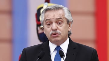 BUENOS AIRES, ARGENTINA - JUNE 09: Alberto Fernandez President of Argentina addresses te media at a press conference during an official visit of Pedro Sanchez, Prime Minister of Spain at Casa Rosada on June 09, 2021 in Buenos Aires, Argentina. (Photo by Marcos Brindicci/Getty Images)