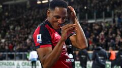 Soccer Football - Serie A - Cagliari v Juventus - Sardegna Arena, Cagliari, Italy - April 19, 2024 Cagliari's Yerry Mina celebrates scoring their second goal REUTERS/Alberto Lingria