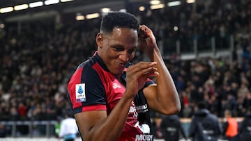 Soccer Football - Serie A - Cagliari v Juventus - Sardegna Arena, Cagliari, Italy - April 19, 2024 Cagliari's Yerry Mina celebrates scoring their second goal REUTERS/Alberto Lingria