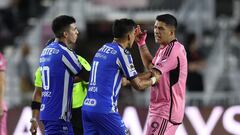 FORT LAUDERDALE, FLORIDA - APRIL 03: Maximiliano Meza #11 of Monterrey and Luis Su�rez #9 of Inter Miami exchange words during the second half in the quarterfinals of the Concacaf Champions Cup - Leg One at Chase Stadium on April 03, 2024 in Fort Lauderdale, Florida.   Megan Briggs/Getty Images/AFP (Photo by Megan Briggs / GETTY IMAGES NORTH AMERICA / Getty Images via AFP)