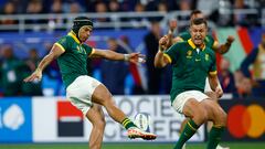 Rugby Union - Rugby World Cup 2023 - Quarter Final - France v South Africa - Stade de France, Saint-Denis, France - October 15, 2023 South Africa's Kurt-Lee Arendse kicks the ball out to end the match REUTERS/Sarah Meyssonnier