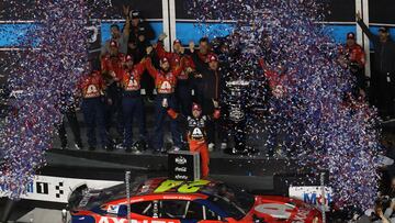 Feb 16, 2025; Daytona Beach, Florida, USA; NASCAR Cup Series driver William Byron (24) reacts in victory lane during the Daytona 500 at Daytona International Speedway. Mandatory Credit: Mark J. Rebilas-Imagn Images