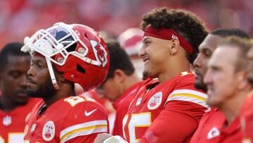 KANSAS CITY, MISSOURI - SEPTEMBER 07: Patrick Mahomes #15 of the Kansas City Chiefs looks on during pre-game ceremonies for their game against the Detroit Lions at GEHA Field at Arrowhead Stadium on September 07, 2023 in Kansas City, Missouri.   Jamie Squire/Getty Images/AFP (Photo by JAMIE SQUIRE / GETTY IMAGES NORTH AMERICA / Getty Images via AFP)