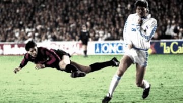Van Basten marc¨® con este remate de cabeza para el Milan en el partido de Copa de Europa el 5 de abril de 1989 entre el equipo italiano y el Real Madrid.