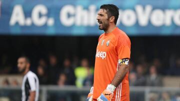 Juventus&#039;s Gianluigi Buffon reacts during the Italian Serie A soccer match AC Chievo vs Juventus FC at Bentegodi