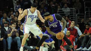 Jan 30, 2017; Philadelphia, PA, USA; Sacramento Kings forward DeMarcus Cousins (15) moves toward the net as Philadelphia 76ers forward Ersan Ilyasova (7) defends during the first quarter of the game at the Wells Fargo Center. Mandatory Credit: John Geliebter-USA TODAY Sports