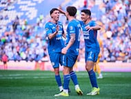 Jose Antonio Paradela, Agustin Palavecino, Nicolas Ibanez of Cruz Azul during the 6th round match between Cruz Azul and Tigres UANL as part of the Liga BBVA MX, Torneo Clausura 2026 at Cuauhtemoc Stadium, on February 15, 2026 in Puebla, Mexico.