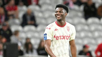 Monaco's midfielder Aurelien Tchouameni celebrates after scoring during the French L1 football match between Lille OSC and AS Monaco at the Pierre Mauroy Stadium in Villeneuve d'Ascq, northern France on May 6, 2022. (Photo by DENIS CHARLET / AFP