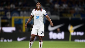 STADIO GIUSEPPE MEAZZA, MILAN, ITALY - 2024/04/14: Yerry Mina of Cagliari Calcio reacts during the Serie A football match between FC Internazionale and Cagliari Calcio. The match ended 2-2 tie. (Photo by Nicolò Campo/LightRocket via Getty Images)