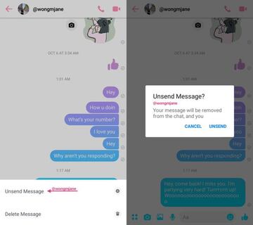 Una captura del proceso de borrar mensajes en Facebook Messenger