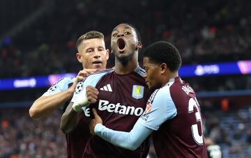 BIRMINGHAM, ENGLAND - OCTOBER 22: Jhon Duran of Aston Villa celebrates scoring his team's second goal with teammates Ross Barkley and Leon Bailey during the UEFA Champions League 2024/25 League Phase MD3 match between Aston Villa FC and Bologna FC 1909 at Villa Park on October 22, 2024 in Birmingham, England. (Photo by Aston Villa/Aston Villa FC via Getty Images)