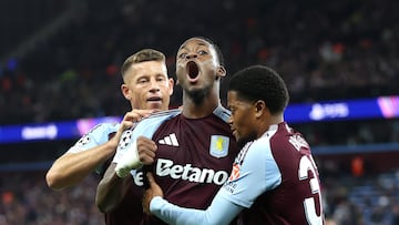 BIRMINGHAM, ENGLAND - OCTOBER 22: Jhon Duran of Aston Villa celebrates scoring his team's second goal with teammates Ross Barkley and Leon Bailey during the UEFA Champions League 2024/25 League Phase MD3 match between Aston Villa FC and Bologna FC 1909 at Villa Park on October 22, 2024 in Birmingham, England. (Photo by Aston Villa/Aston Villa FC via Getty Images)