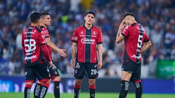 Arturo Alfonso Gonzalez, Jorge San Martin, Matheus Doria of Atlas during the 3rd round match between Monterrey and Atlas as part of the Liga BBVA MX, Torneo Apertura 2025 at BBVA Bancomer Stadium, on July 26, 2025 in Monterrey, Nuevo Leon, Mexico.