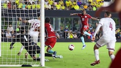 Colombia's midfielder #11 Andr�s G�mez shoots to score his team's first goal during the friendly football match between Colombia and Venezuela at the DRV PNK Stadium in Fort Lauderdale, Florida, December 10, 2023. (Photo by Chris Arjoon / AFP)