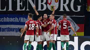 Soccer Football - UEFA Nations League - Group C - Germany v Hungary - Red Bull Arena, Leipzig, Germany - September 23, 2022 Hungary's Adam Szalai celebrates scoring their first goal with teammates REUTERS/Annegret Hilse