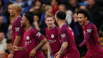 Soccer Football - FA Cup Fourth Round - Cardiff City vs Manchester City - Cardiff City Stadium, Cardiff, Britain - January 28, 2018 Manchester City's Kevin De Bruyne celebrates scoring their first goal with teammates Action Images via Reuters/And