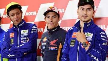 Valentino Rossi, Marc M&aacute;rquez y Jorge Lorenzo tras la rueda de prensa del GP de Jap&oacute;n.