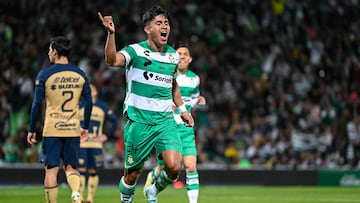     Diego Medina celebrates his goal 1-0 of Santos during the game Santos vs Pumas UNAM, corresponding to Round 2 of the Torneo Clausura 2023 of the Liga BBVA MX, at TSM -Corona- Stadium, on January 14, 2023.

<br><br>

Diego Medina celebra su gol 1-0 de Santos durante el partido Santos vs Pumas UNAM, Correspondiente a la Jornada 02 del Torneo Clausura 2023 de la Liga BBVA MX, en el Estadio TSM -Corona, el 14 de Enero de 2023.