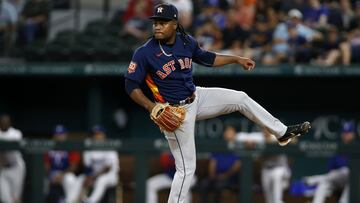 Framber Valdez of the Houston Astros follows through on a pitch against the Texas Rangers at Globe Life Field on August 30, 2022 in Arlington, Texas.