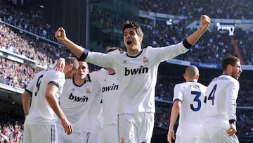 Morata celebra un gol de Benzema al Barcelona, el 2 de marzo de 2013.