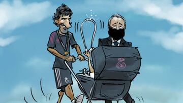 En la ilustración, Raúl pasea un carro de bebe con el escudo del Real Madrid mientras el bebé de dentro levanta la Youth League ante la mirada de Florentino Pérez.