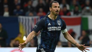 Apr 5, 2019; Vancouver, British Columbia, CAN; forward Zlatan Ibrahimovic (9) celebrates his goal against the Vancouver Whitecaps during the second half at BC Place. Mandatory Credit: Anne-Marie Sorvin-USA TODAY Sports