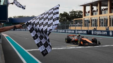 McLaren's British driver Lando Norris crosses the finish line to finish second in the 2025 Miami Formula One Grand Prix at Miami International Autodrome in Miami Gardens, Florida, on May 4, 2025. (Photo by SHAWN THEW / POOL / AFP)