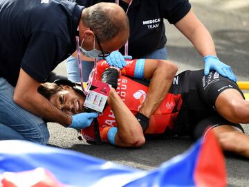 CATTOLICA, ITALY - MAY 12: Mikel Landa Meana of Spain and Team Bahrain Victorious are involved in an accident and is assisted by the medical team during the 104th Giro d&#039;Italia 2021, Stage 5 a 177km stage from Modena to Cattolica / Crash / Injury / A