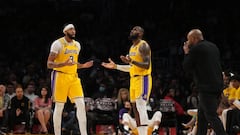 Nov 30, 2022; Los Angeles, California, USA; Los Angeles Lakers forward Anthony Davis (3), forward LeBron James (6) and coach Darvin Ham react against the Portland Trail Blazers in the second half at Crypto.com Arena. Mandatory Credit: Kirby Lee-USA TODAY Sports