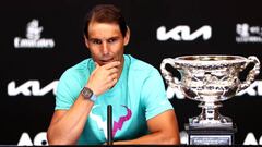 MELBOURNE, AUSTRALIA - JANUARY 30: Rafael Nadal of Spain speaks to the media after winning his Men’s Singles Final match against Daniil Medvedev of Russia during day 14 of the 2022 Australian Open at Melbourne Park on January 30, 2022 in Melbourne, Australia. (Photo by Clive Brunskill/Getty Images)