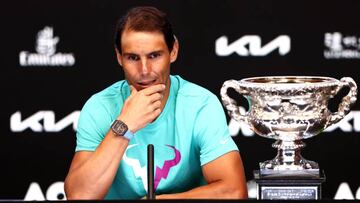 MELBOURNE, AUSTRALIA - JANUARY 30: Rafael Nadal of Spain speaks to the media after winning his Men¡¯s Singles Final match against Daniil Medvedev of Russia during day 14 of the 2022 Australian Open at Melbourne Park on January 30, 2022 in Melbourne, Australia. (Photo by Clive Brunskill/Getty Images)