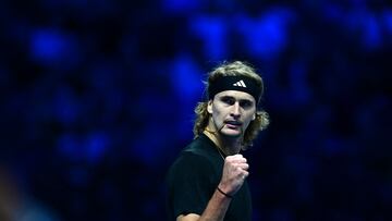 Germany's Alexander Zverev reacts during his round-robin match against Daniil Medvedev at the ATP Finals tennis tournament in Turin on November 15, 2023. (Photo by Tiziana FABI / AFP)