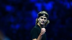 Germany's Alexander Zverev reacts during his round-robin match against Daniil Medvedev at the ATP Finals tennis tournament in Turin on November 15, 2023. (Photo by Tiziana FABI / AFP)
