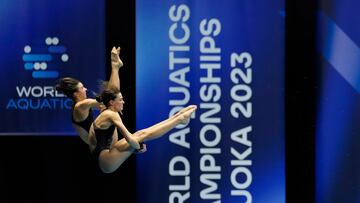 Fukuoka (Japan), 16/07/2023.- Valeria Antolino and Ana Carvajal of Spain compete at the Women's 10m Synchronised Platform preliminary round of the Diving events during the World Aquatics Championships 2023 in Fukuoka, Japan, 16 July 2023. (Japón, España) EFE/EPA/FRANCK ROBICHON
