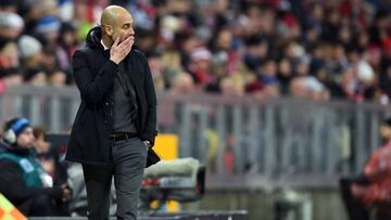 Pep Guardiola observes his side losing to FSV Mainz 05 in Munich. 