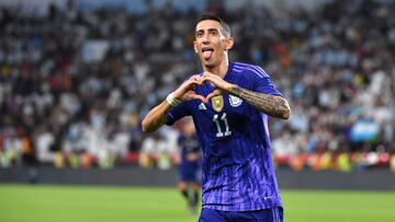 Argentina's midfielder Angel Di Maria celebrates after scoring during the friendly football match between Argentina and the United Arab Emirates at the Mohammed Bin Zayed Stadium in Abu Dhabi, on November 16, 2022. (Photo by Ryan LIM / AFP)